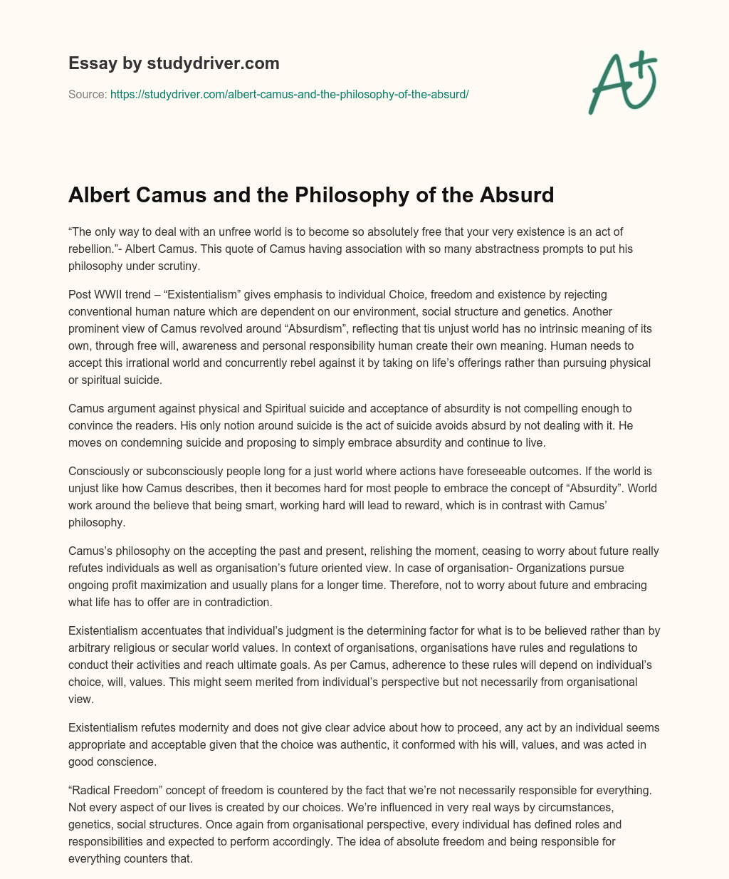 Albert Camus and the Philosophy of the Absurd essay