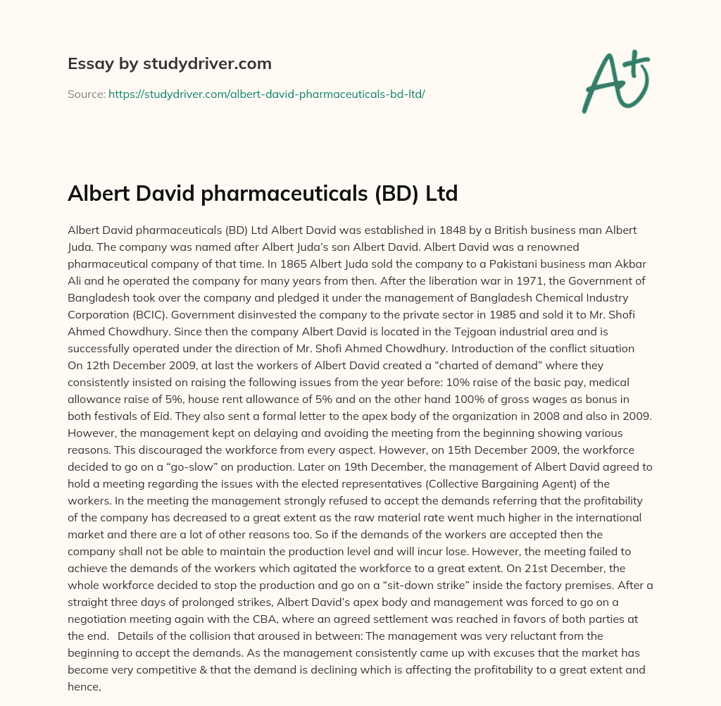 Albert David Pharmaceuticals (BD) Ltd essay