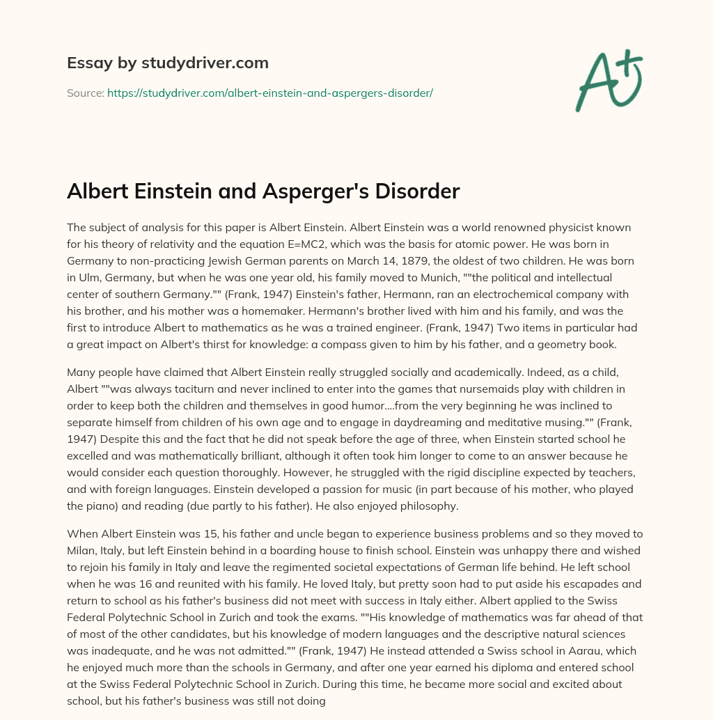 Albert Einstein and Asperger’s Disorder essay