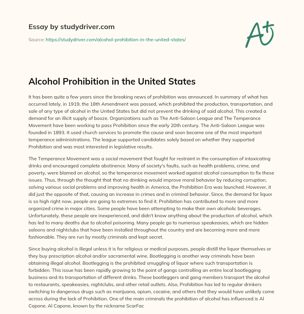 Alcohol Prohibition in the United States essay