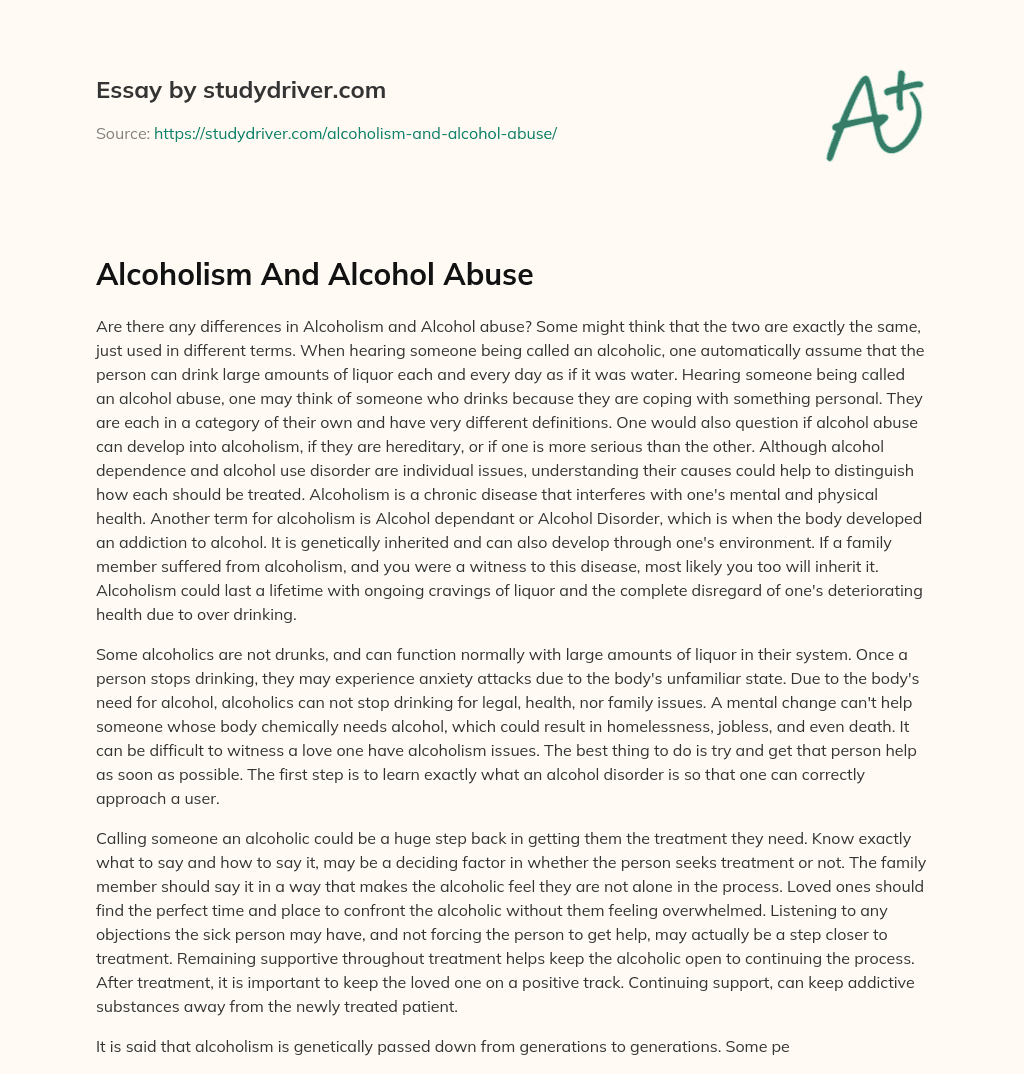 Alcoholism and Alcohol Abuse essay