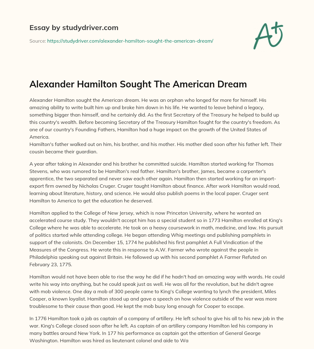 Alexander Hamilton Sought the American Dream essay