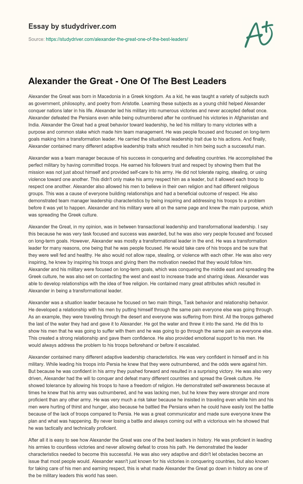Alexander the Great – One of the Best Leaders essay