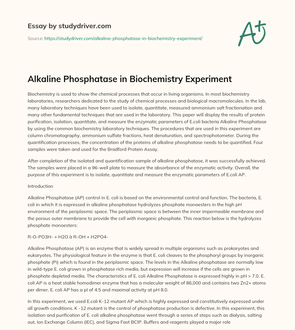 Alkaline Phosphatase in Biochemistry Experiment essay