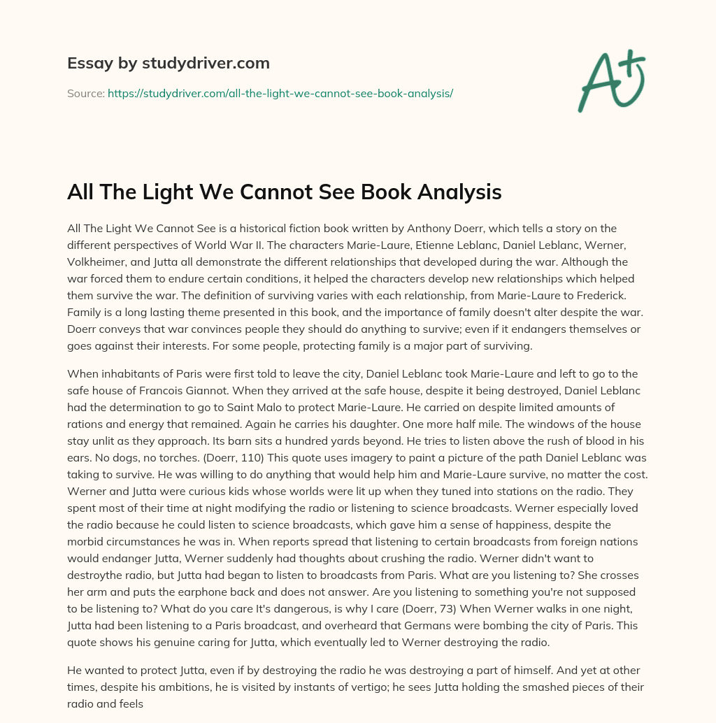 All the Light we cannot See Book Analysis essay