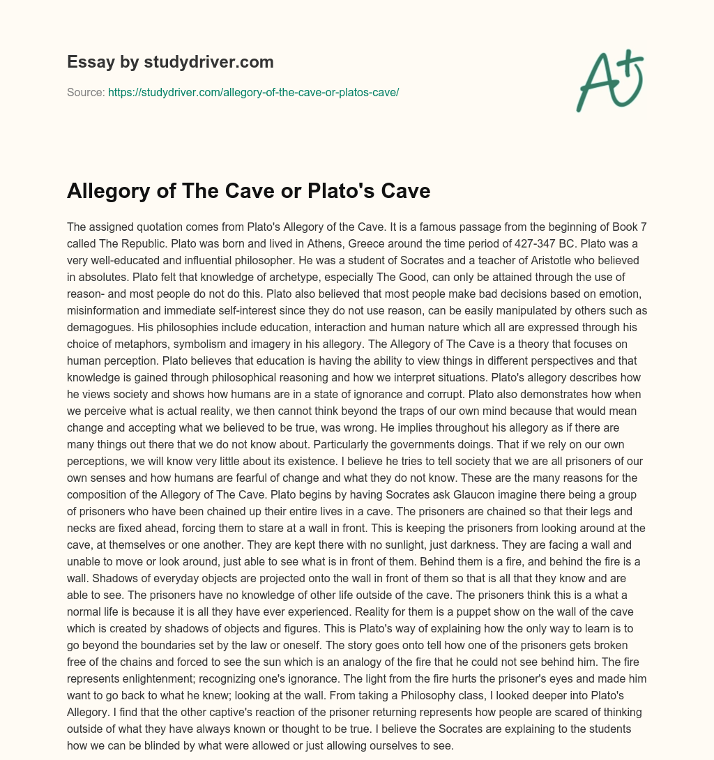 Allegory of the Cave or Plato’s Cave essay
