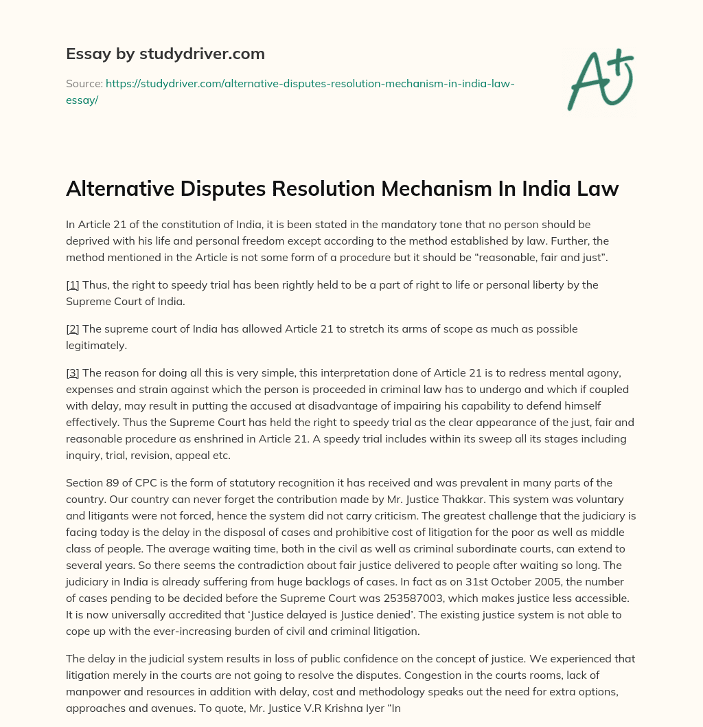Alternative Disputes Resolution Mechanism in India Law essay