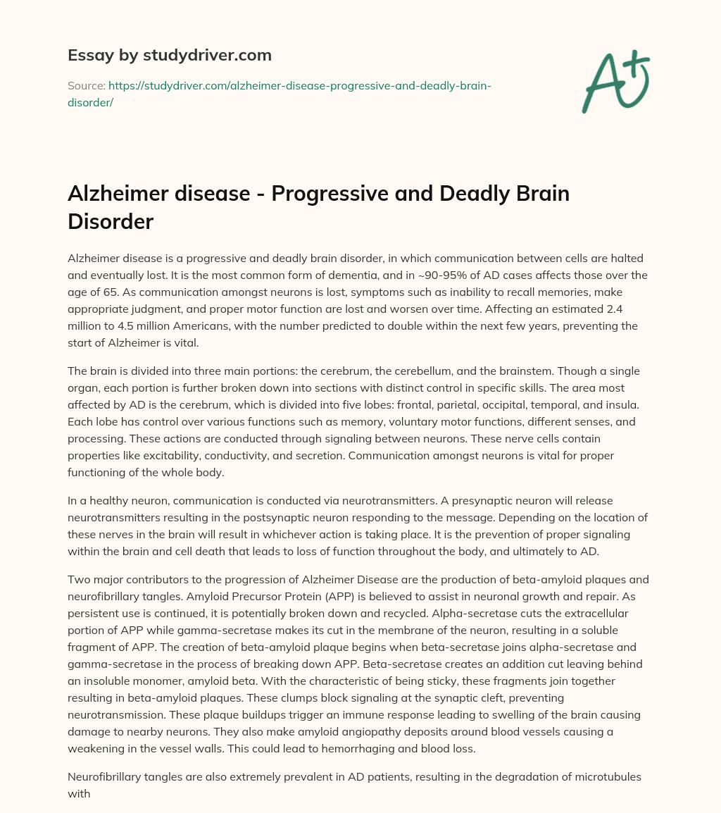 Alzheimer Disease – Progressive and Deadly Brain Disorder essay