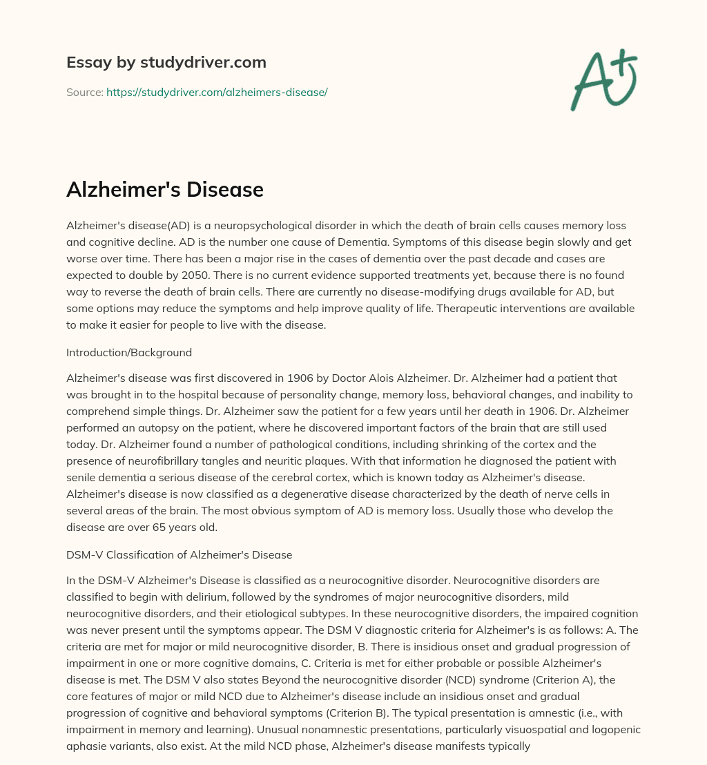 Alzheimer’s Disease essay