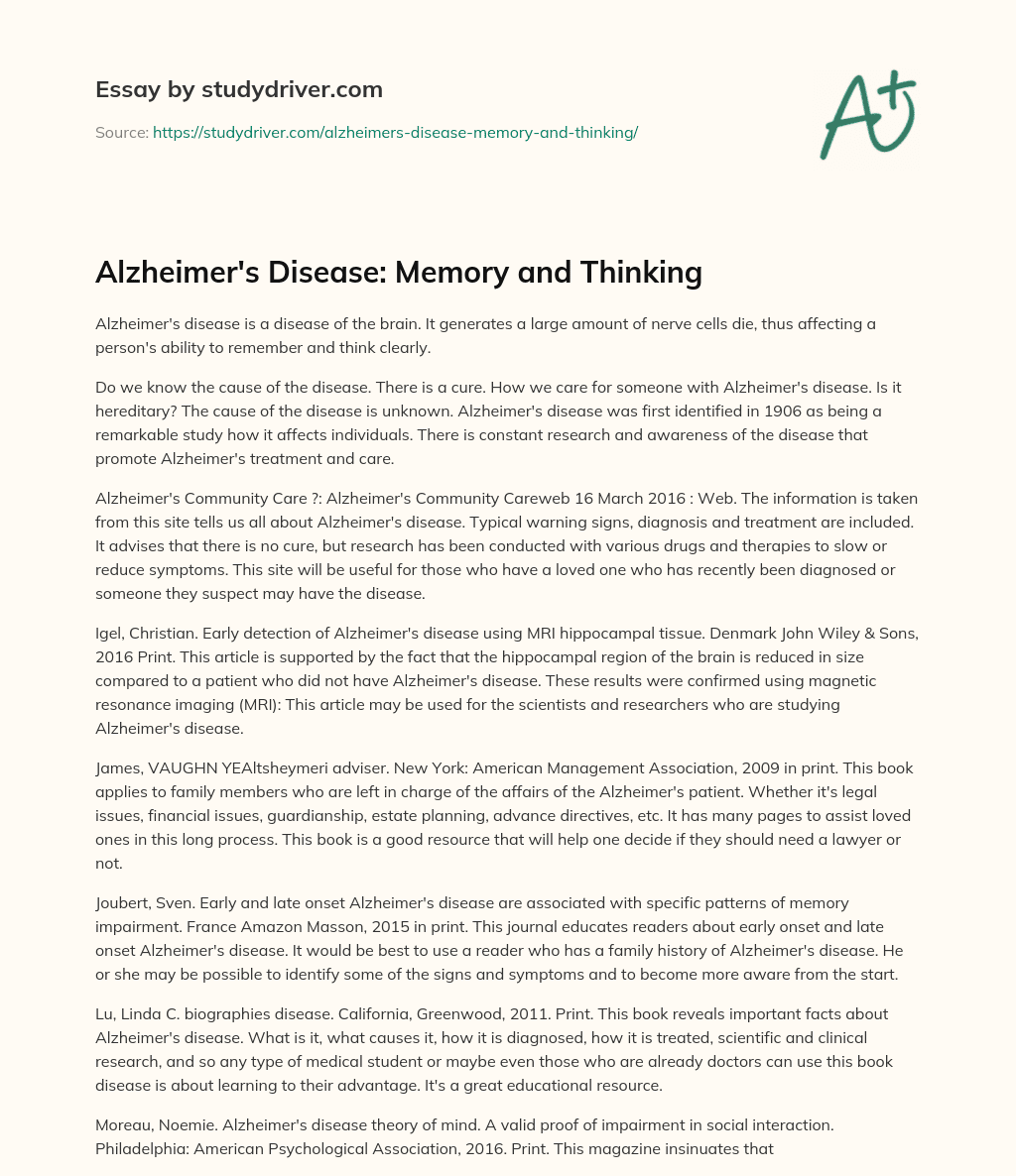 Alzheimer’s Disease: Memory and Thinking essay