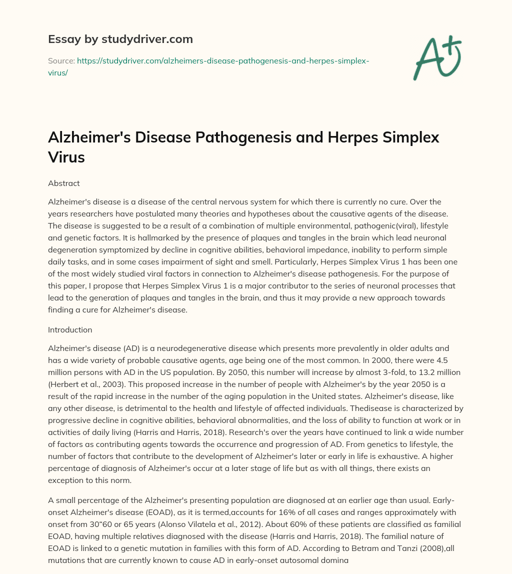 Alzheimer’s Disease Pathogenesis and Herpes Simplex Virus essay