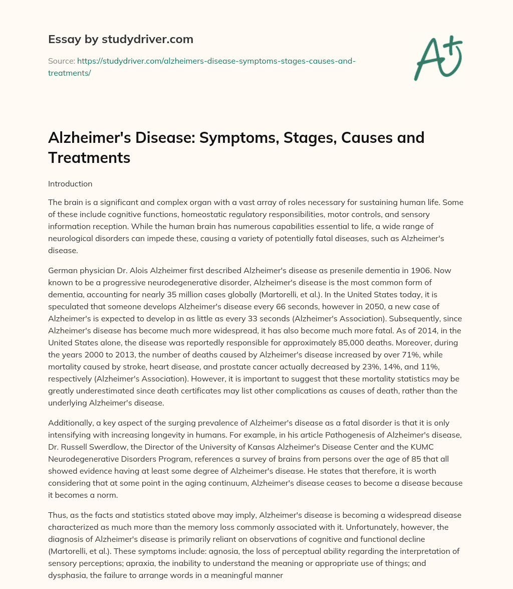 Alzheimer’s Disease: Symptoms, Stages, Causes and Treatments essay