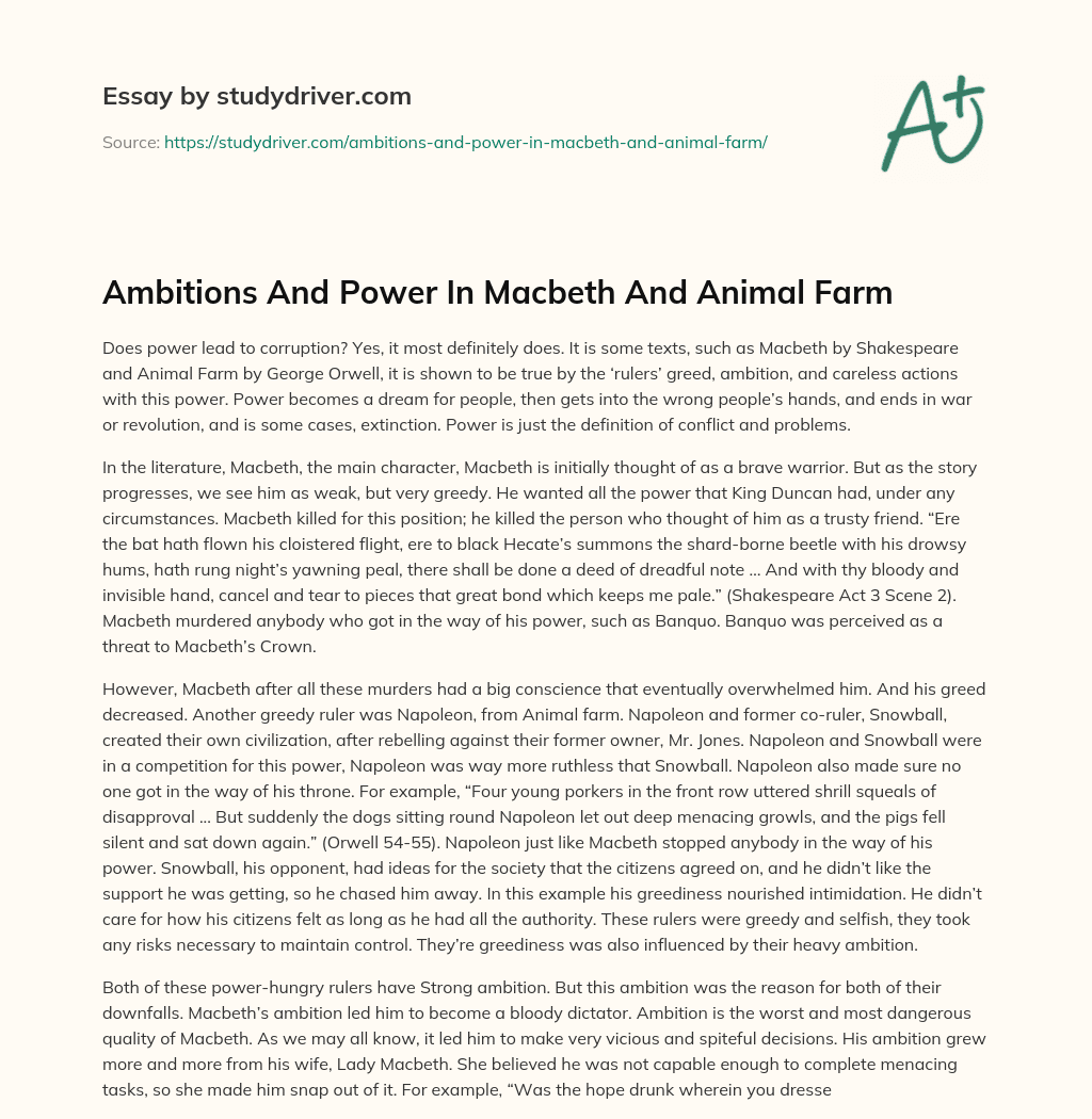 Ambitions and  Power in Macbeth and Animal Farm essay