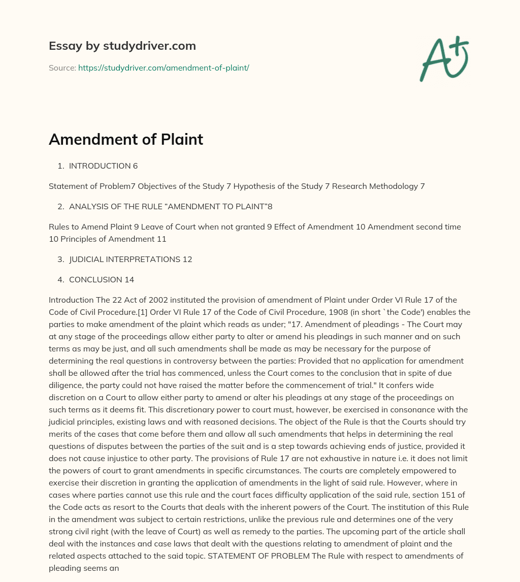 Amendment of Plaint essay