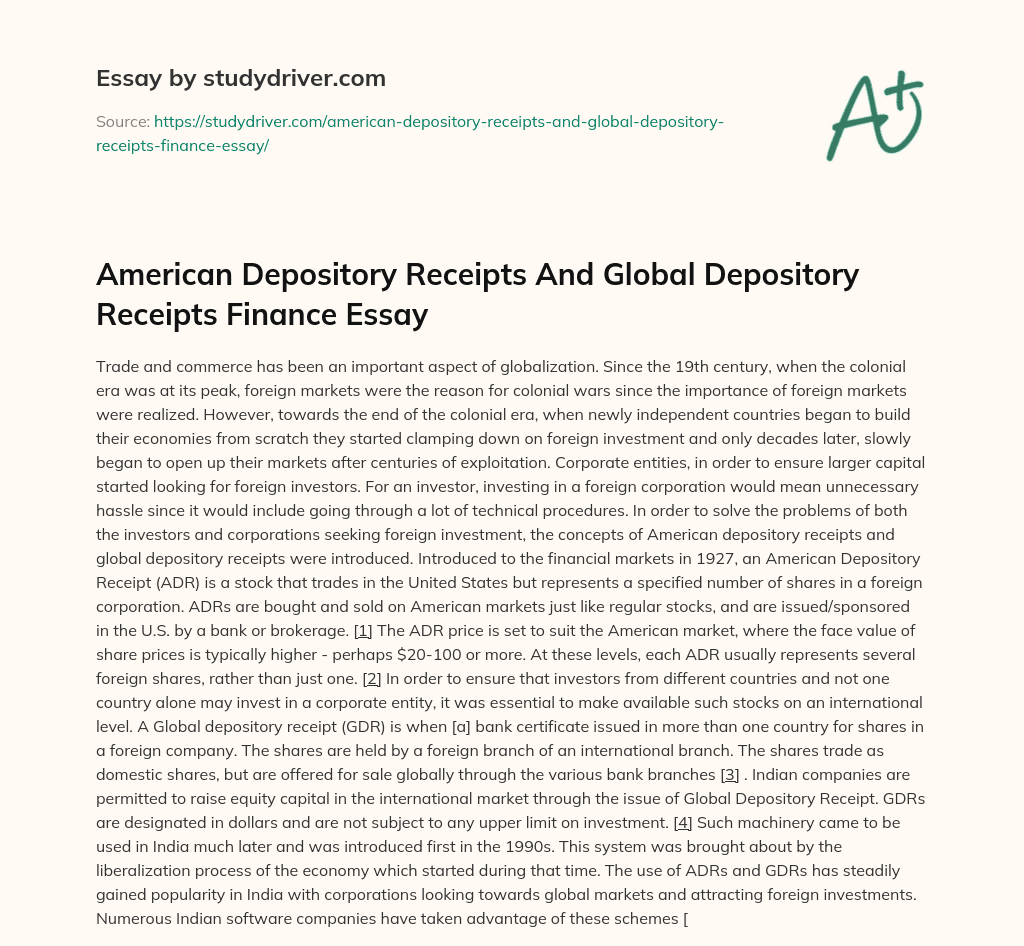 American Depository Receipts and Global Depository Receipts Finance Essay essay