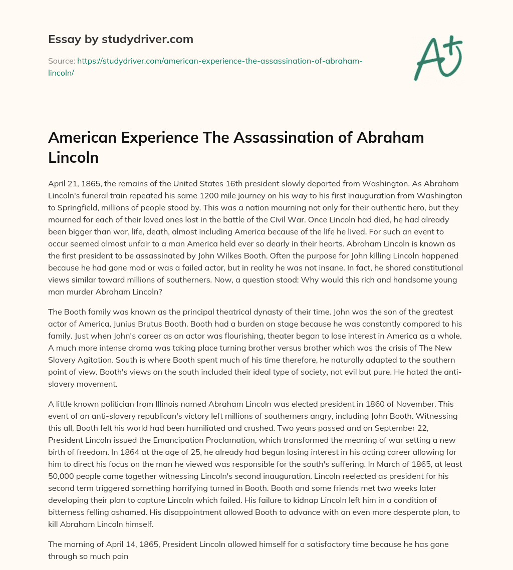 American Experience the Assassination of Abraham Lincoln essay