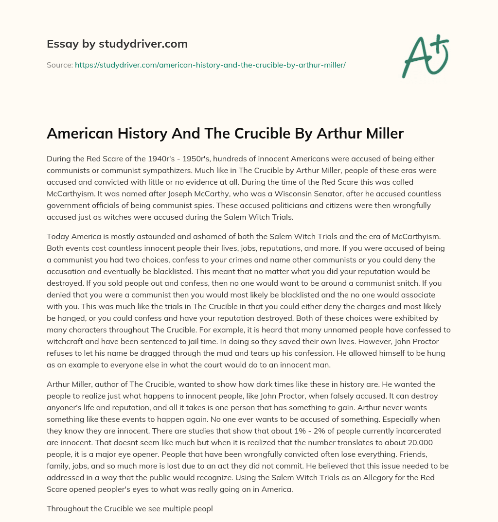 American History and the Crucible by Arthur Miller essay