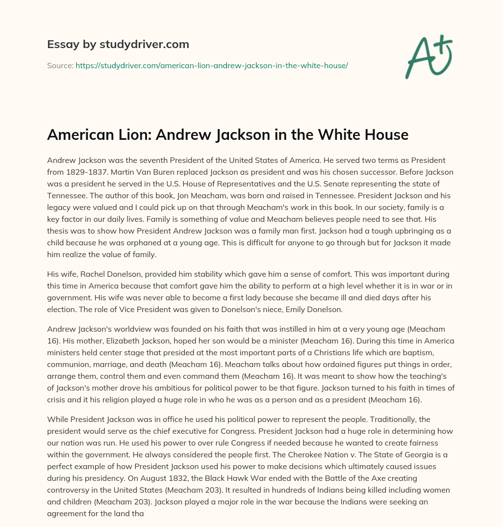 American Lion: Andrew Jackson in the White House essay