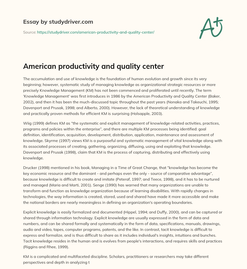 American Productivity and Quality Center essay