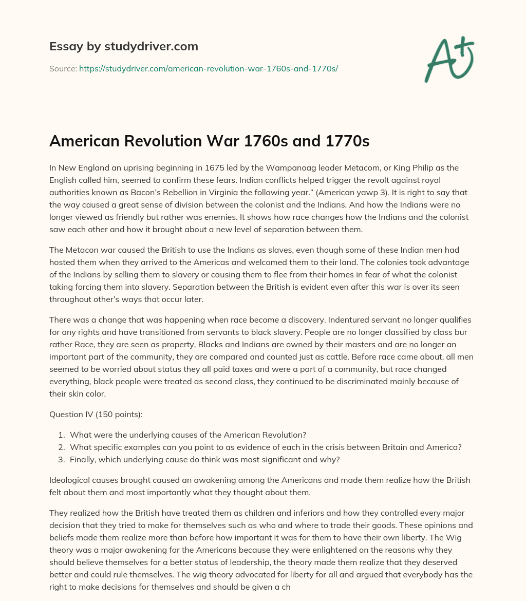 American Revolution War 1760s and 1770s essay