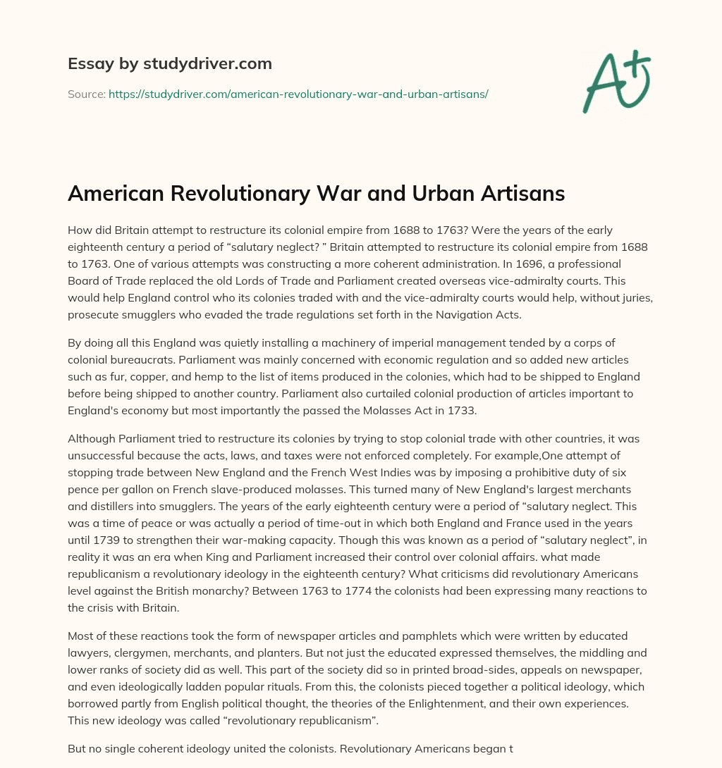 American Revolutionary War and Urban Artisans essay