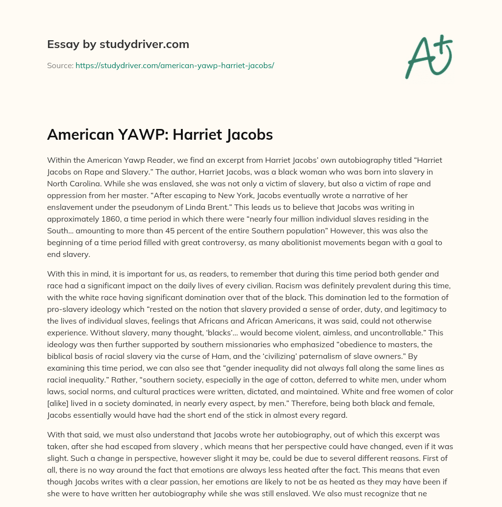 American YAWP: Harriet Jacobs essay