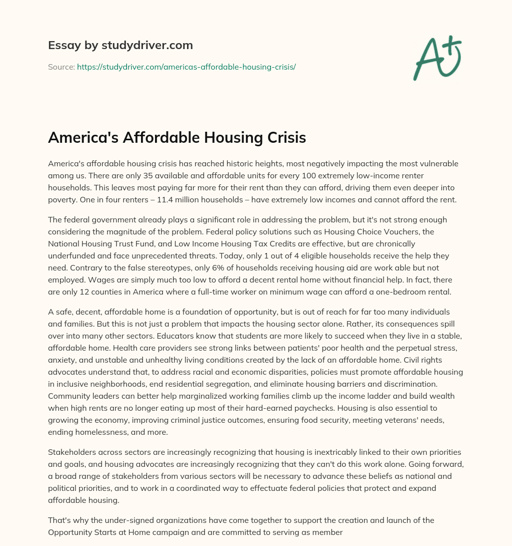 America’s Affordable Housing Crisis essay