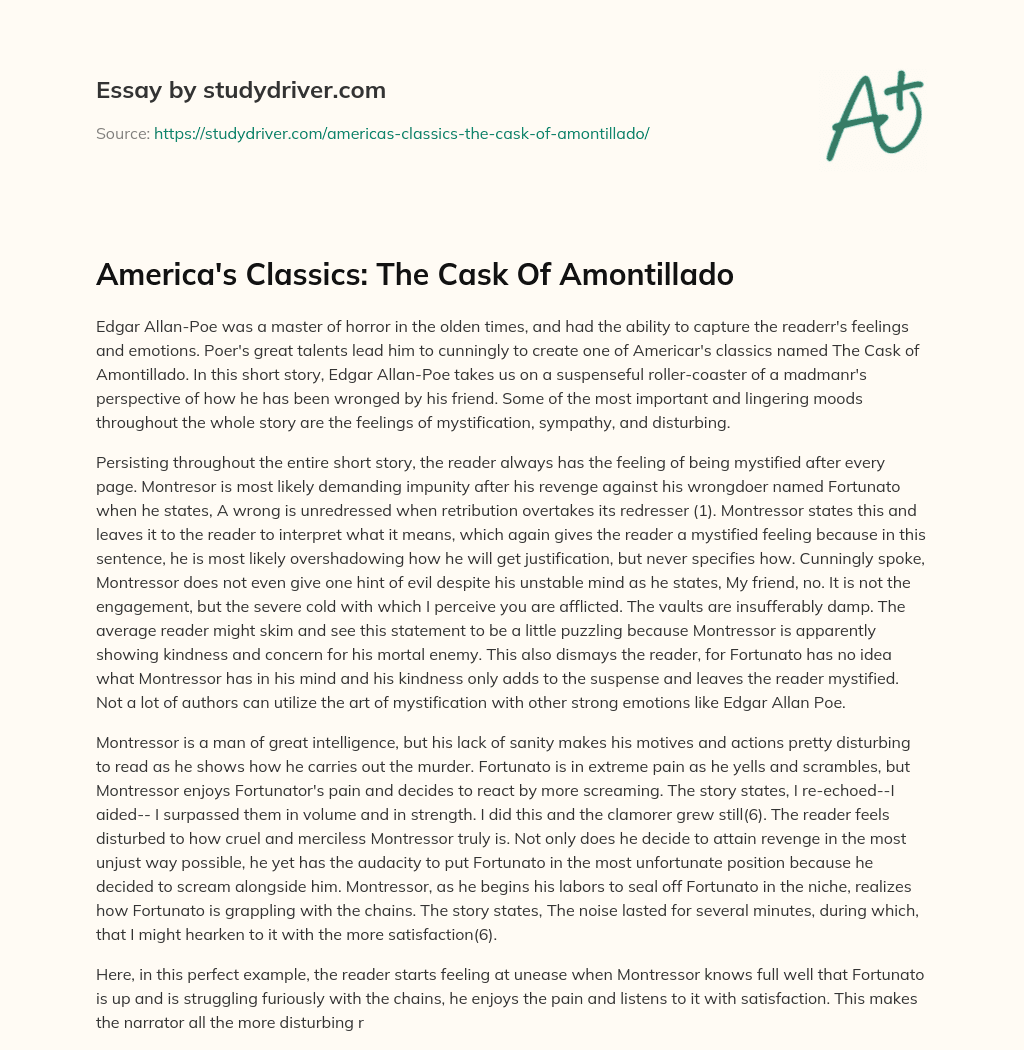 America’s Classics: the Cask of Amontillado essay
