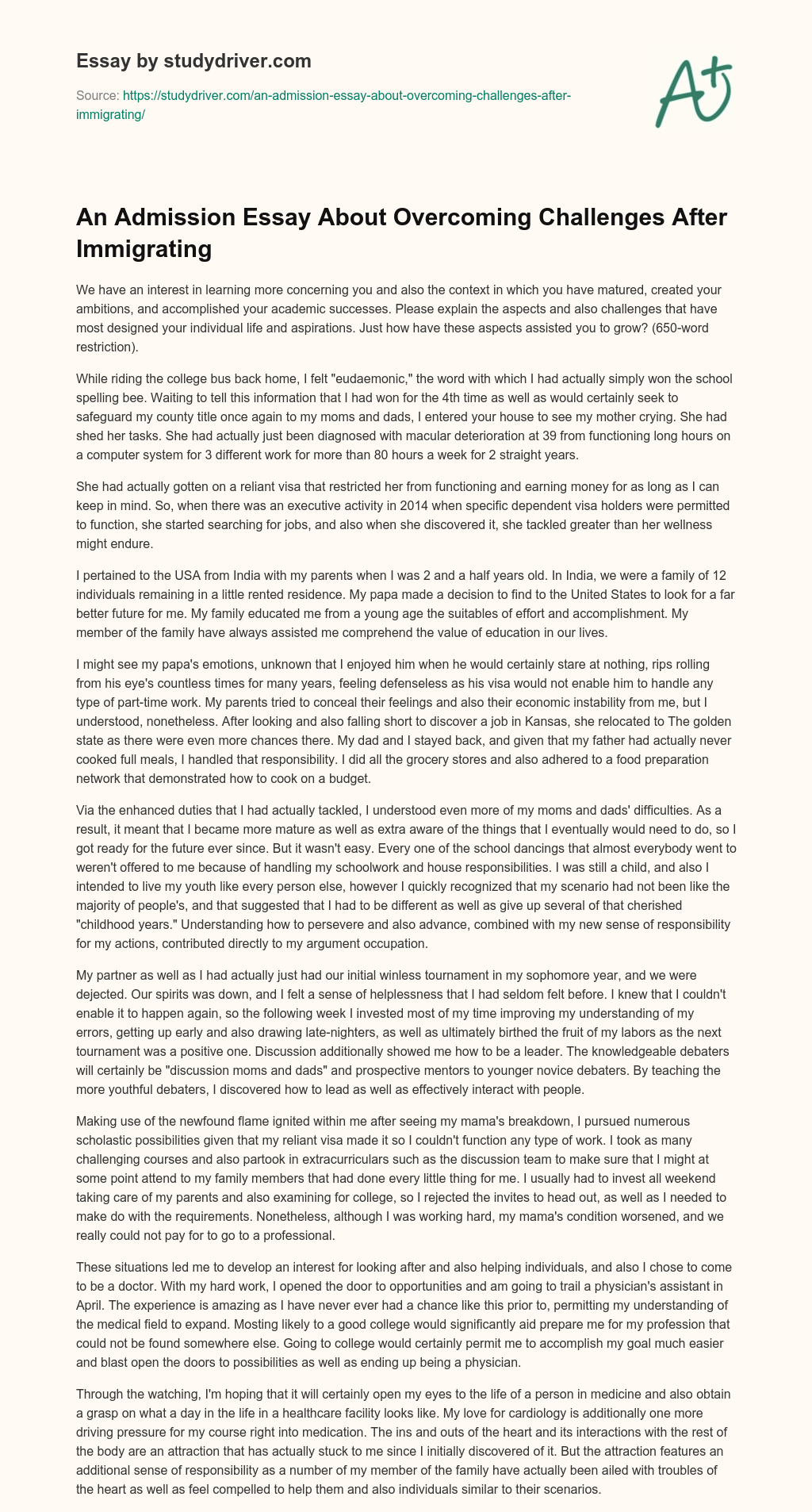 An Admission Essay about Overcoming Challenges after Immigrating essay