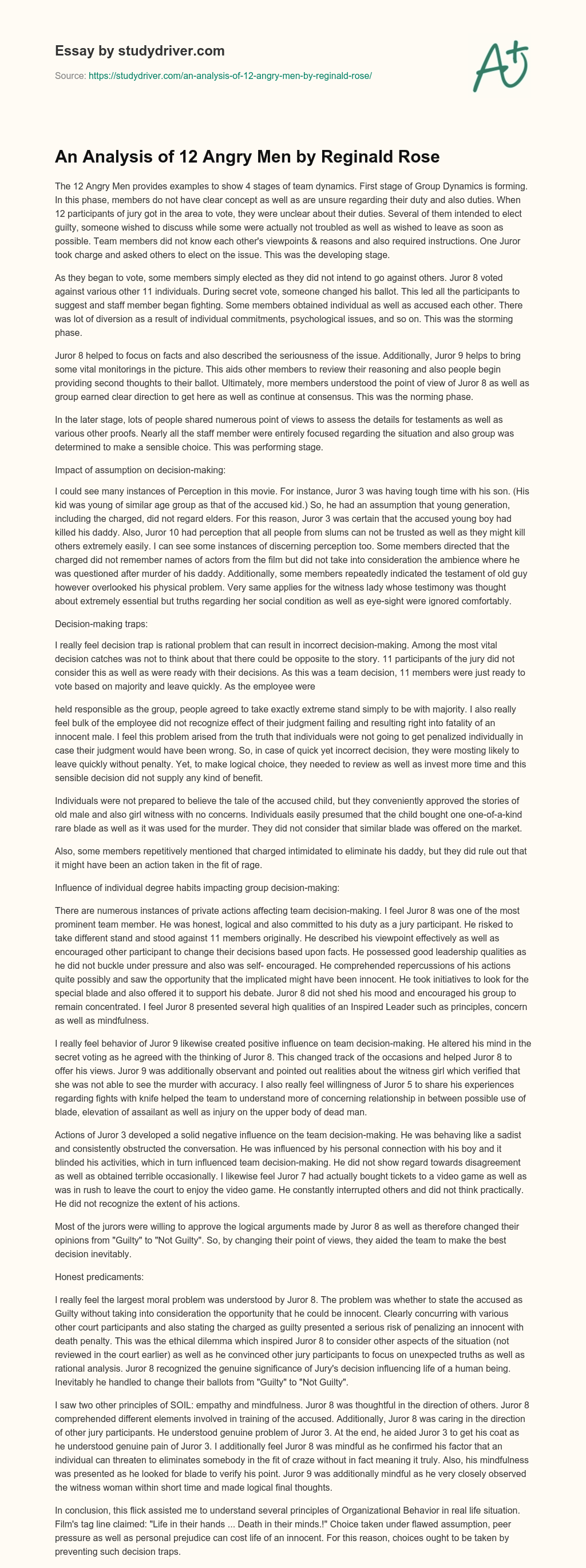 An Analysis of 12 Angry Men by Reginald Rose essay