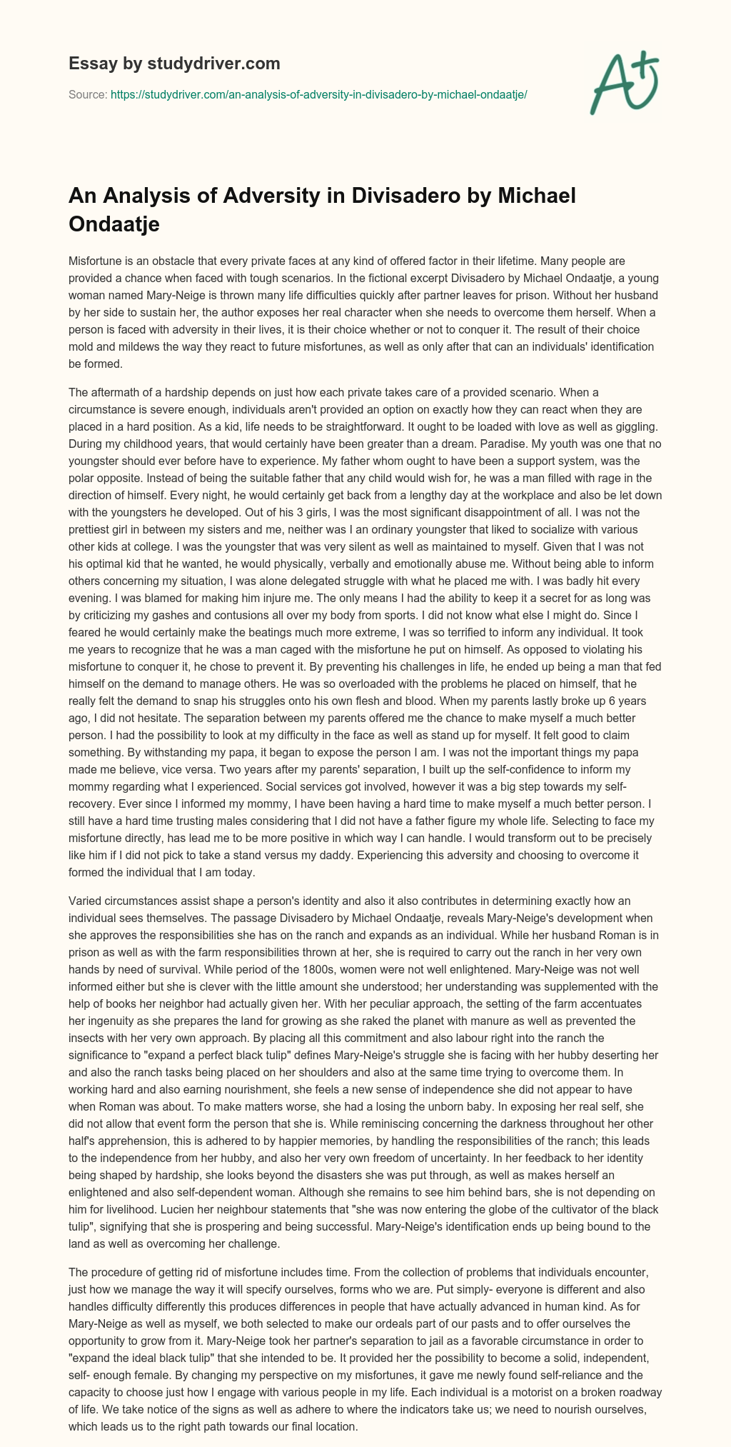 An Analysis of Adversity in Divisadero by Michael Ondaatje essay