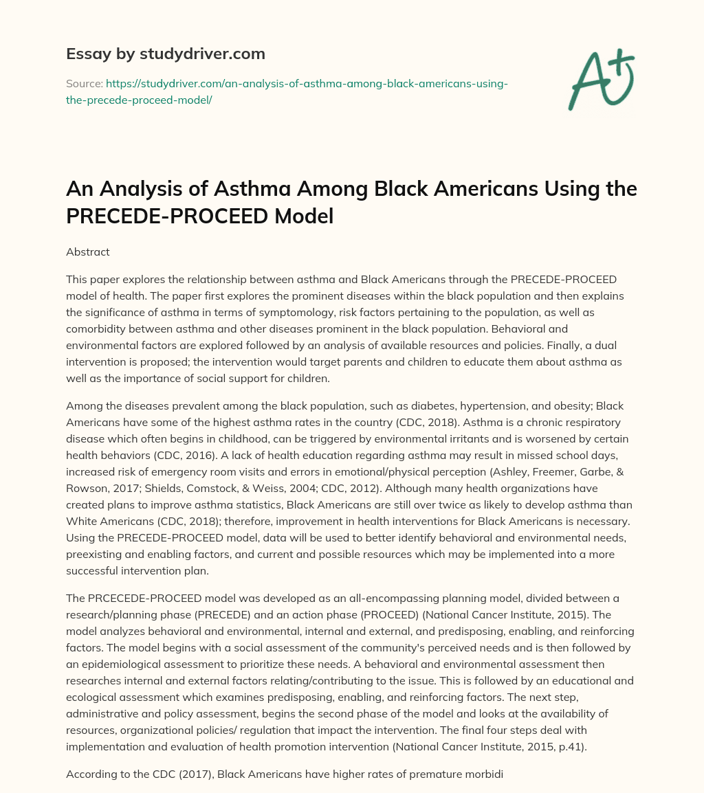 An Analysis of Asthma Among Black Americans Using the PRECEDE-PROCEED Model essay