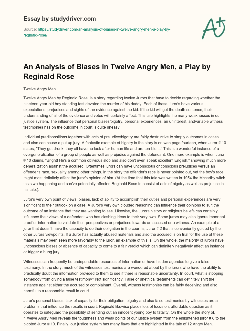 An Analysis of Biases in Twelve Angry Men, a Play by Reginald Rose essay