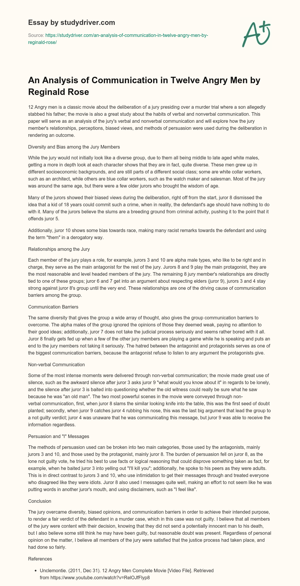 An Analysis of Communication in Twelve Angry Men by Reginald Rose essay