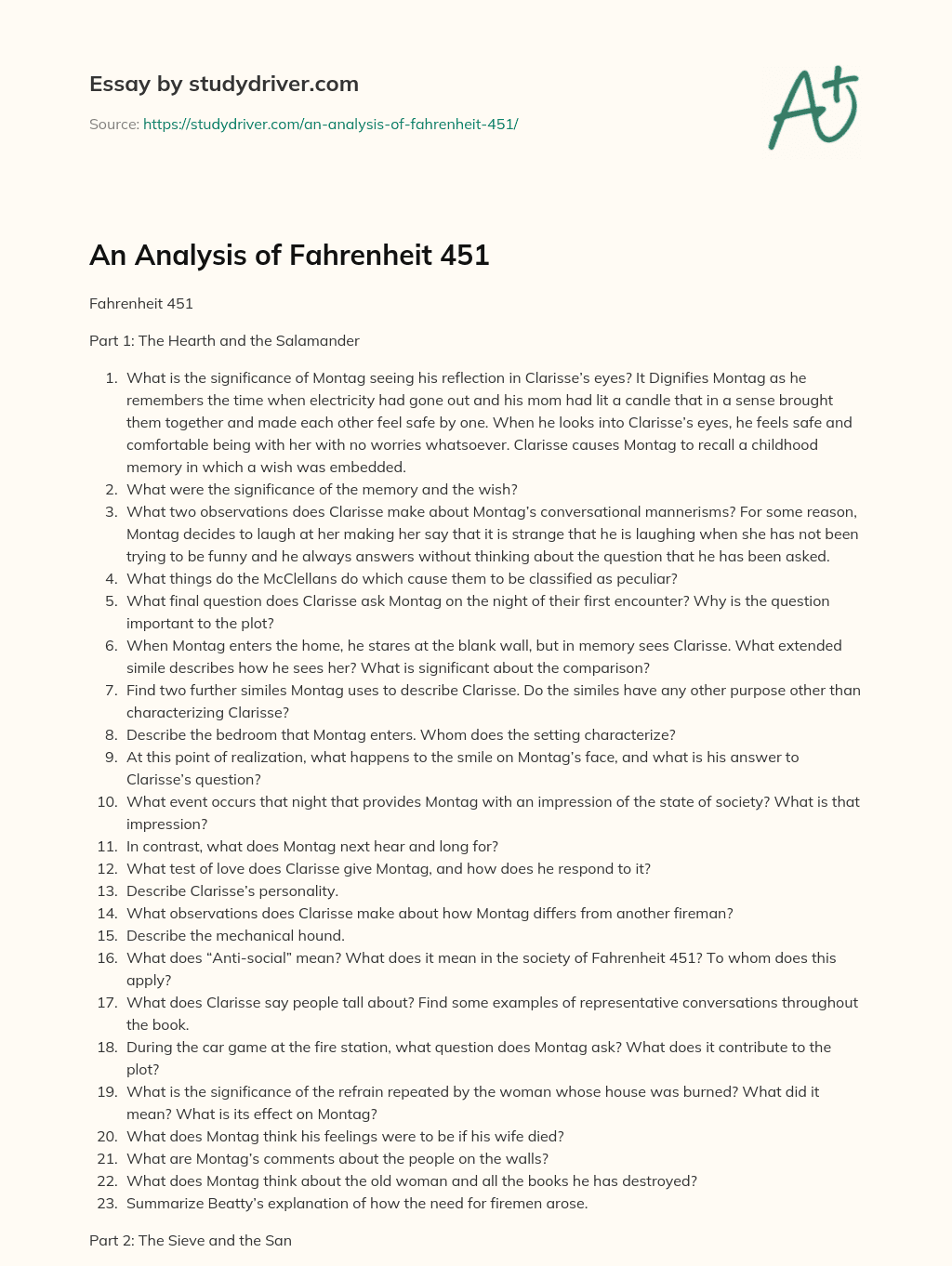 An Analysis of Fahrenheit 451 essay