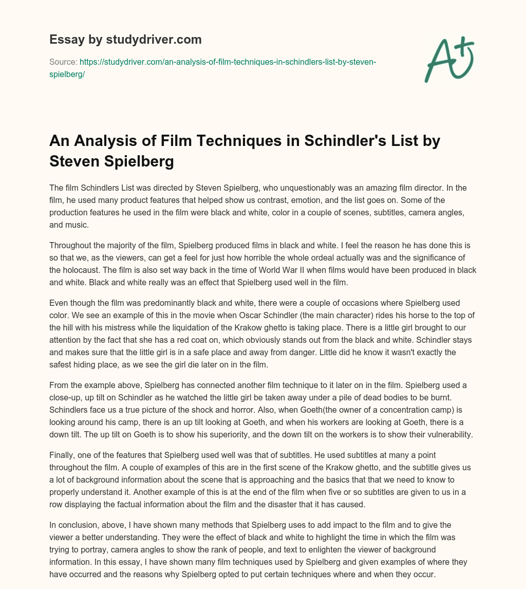 An Analysis of Film Techniques in Schindler’s List by Steven Spielberg essay
