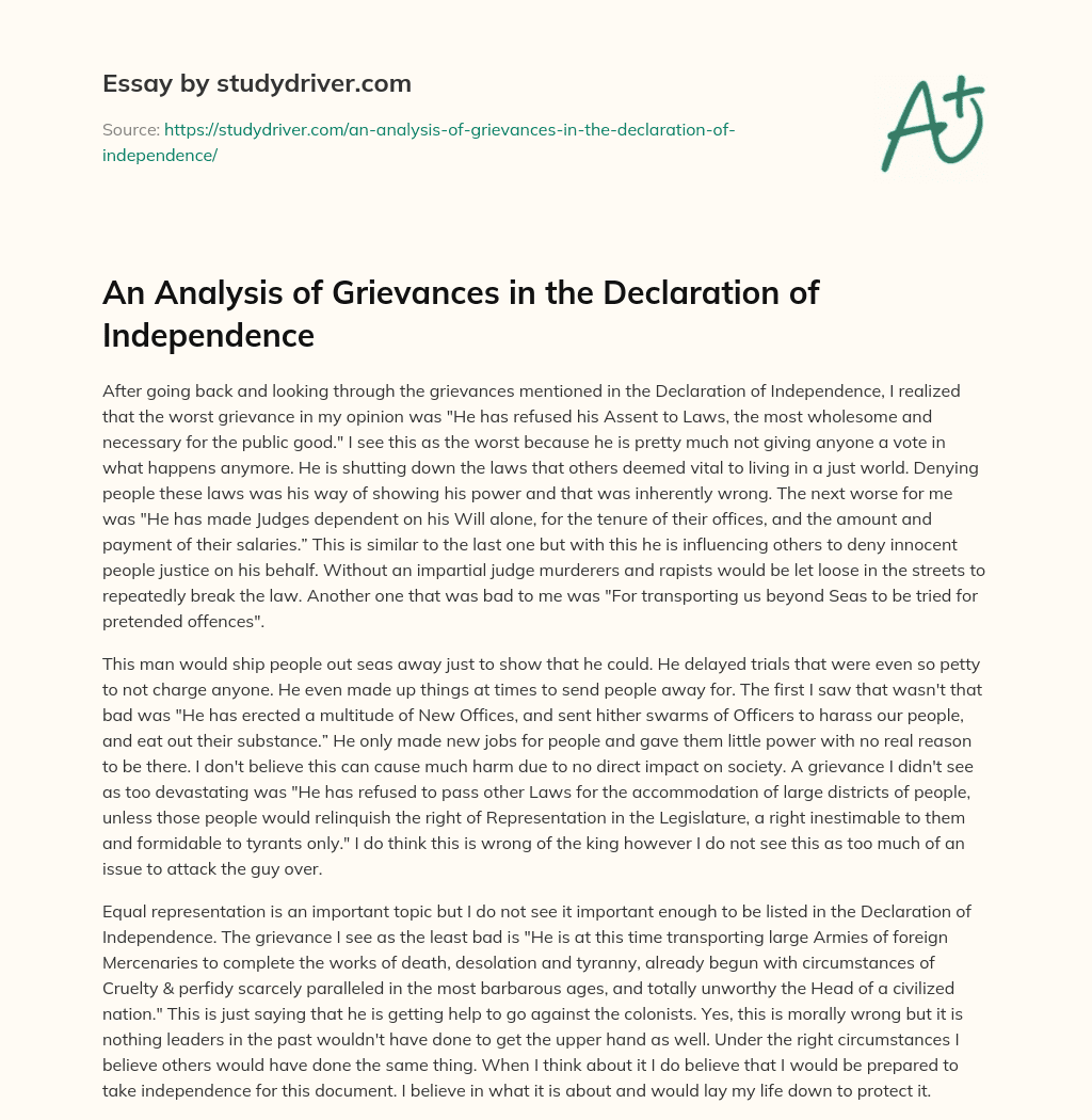 An Analysis of Grievances in the Declaration of Independence essay
