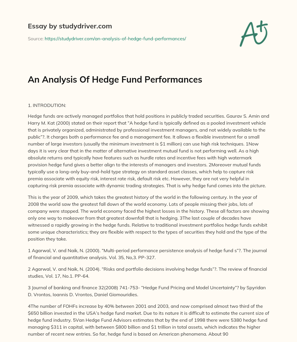 An Analysis of Hedge Fund Performances essay
