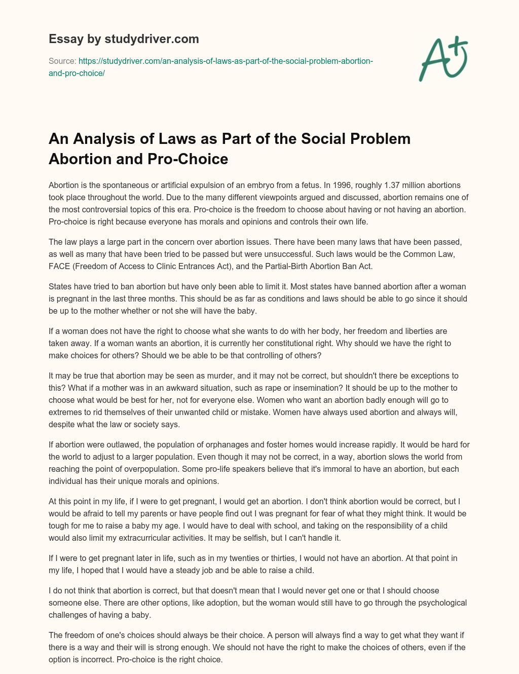 An Analysis of Laws as Part of the Social Problem Abortion and Pro-Choice essay