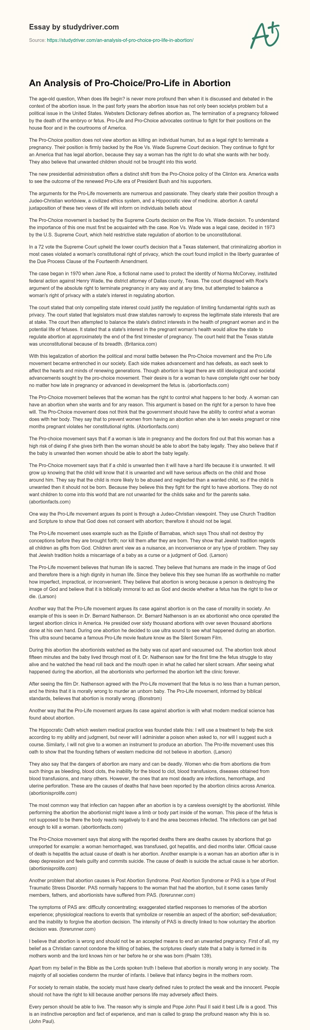 An Analysis of Pro-Choice/Pro-Life in Abortion essay