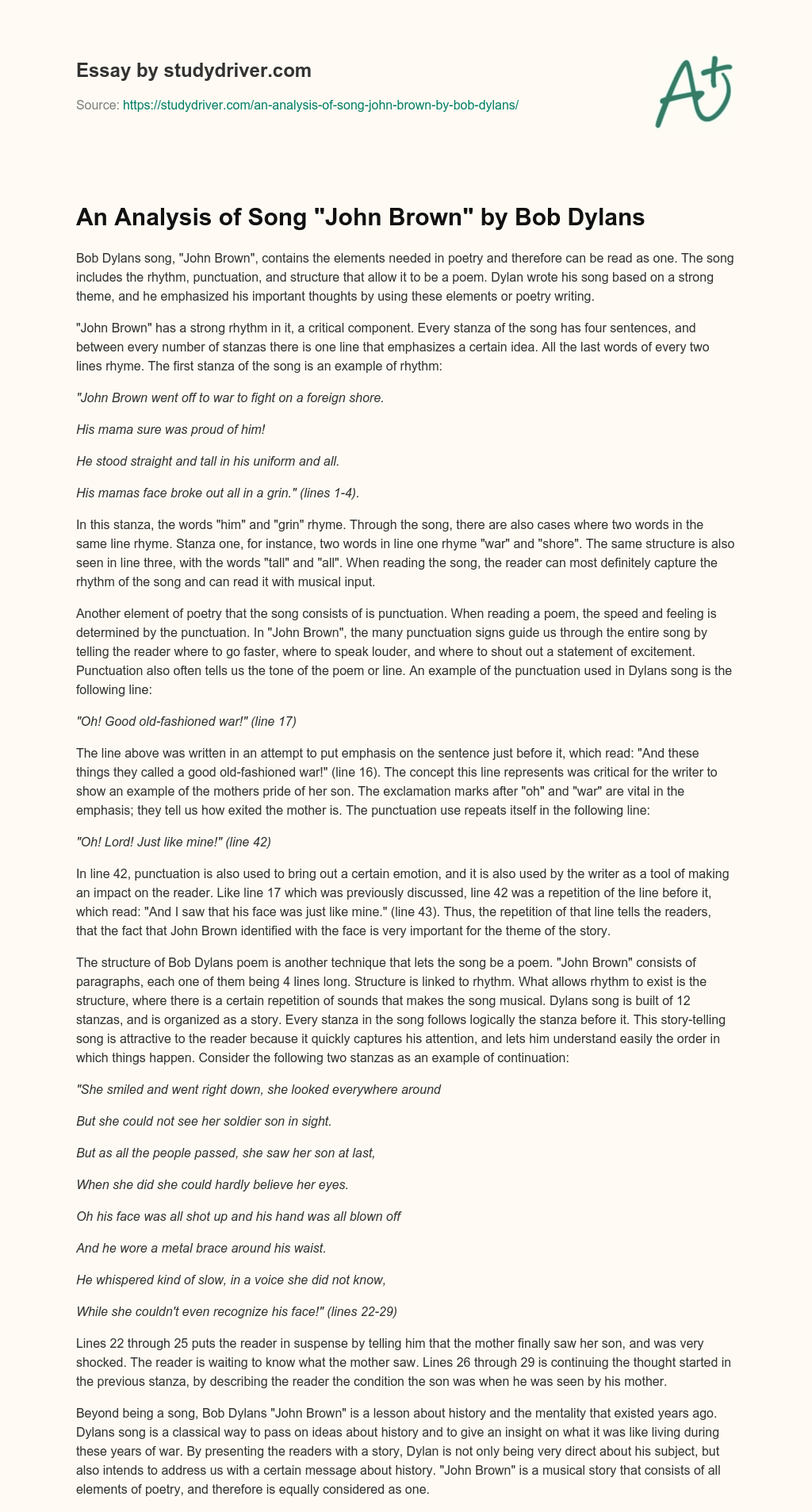 An Analysis of Song “John Brown” by Bob Dylans essay