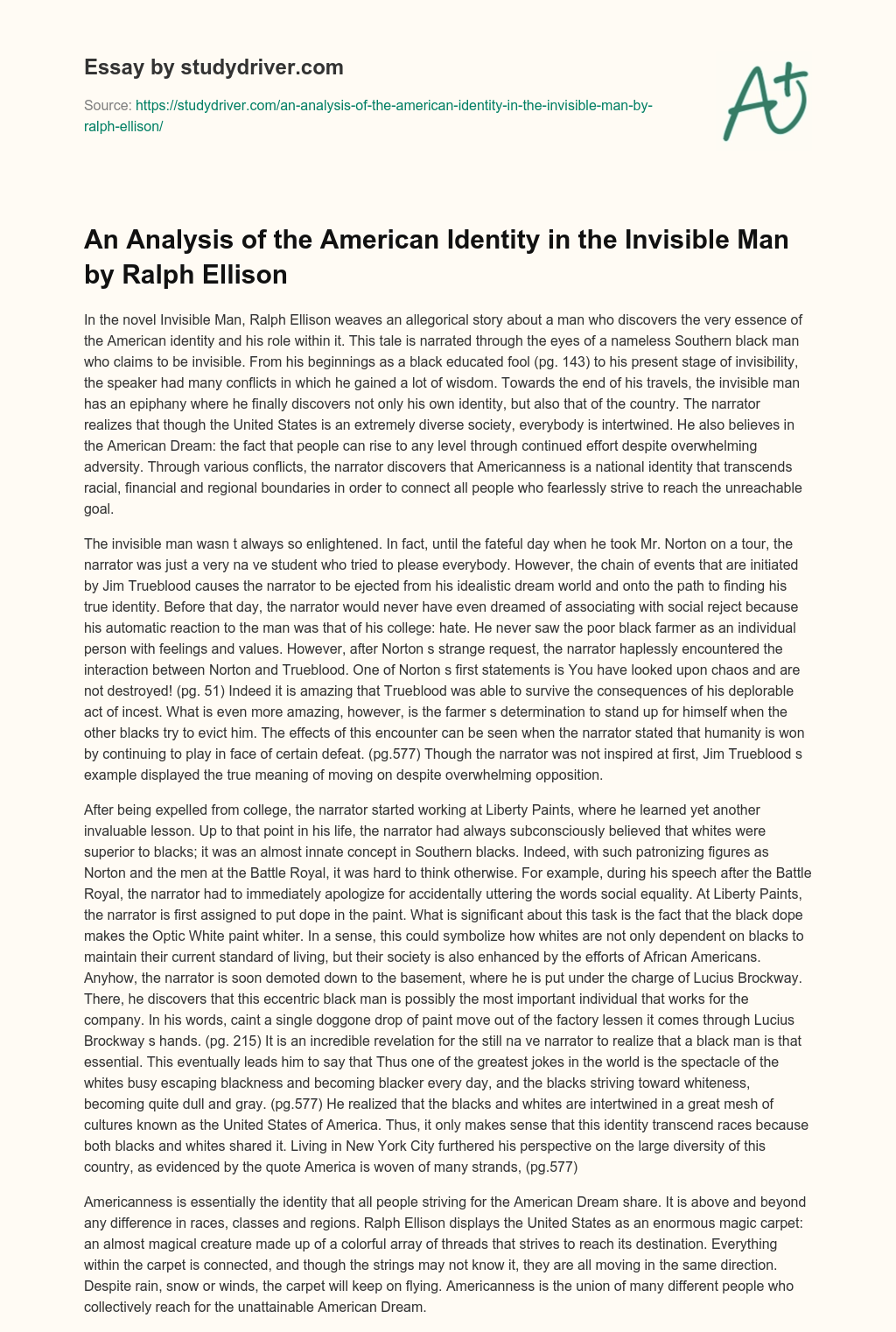 An Analysis of the American Identity in the Invisible Man by Ralph Ellison essay
