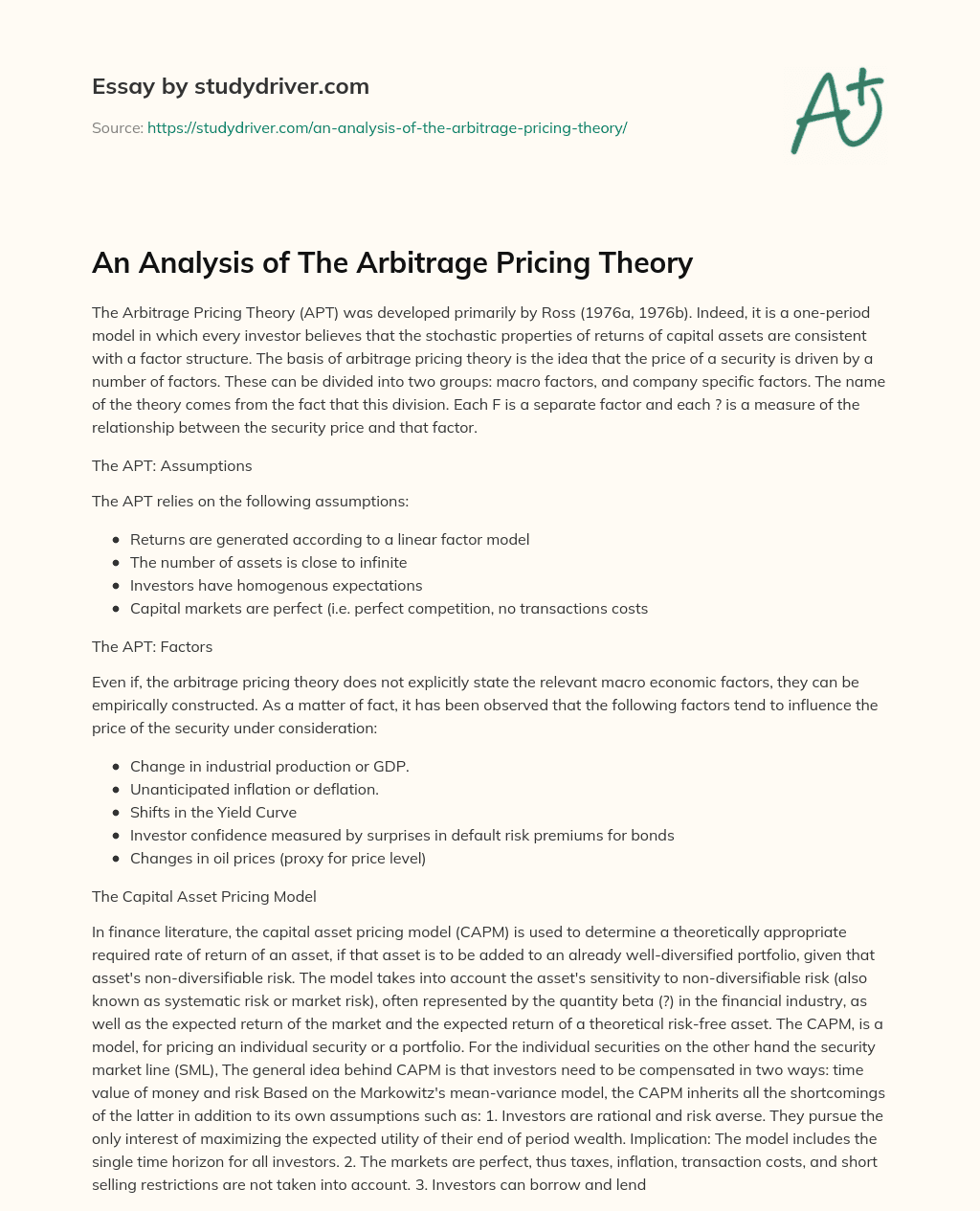 An Analysis of the Arbitrage Pricing Theory essay