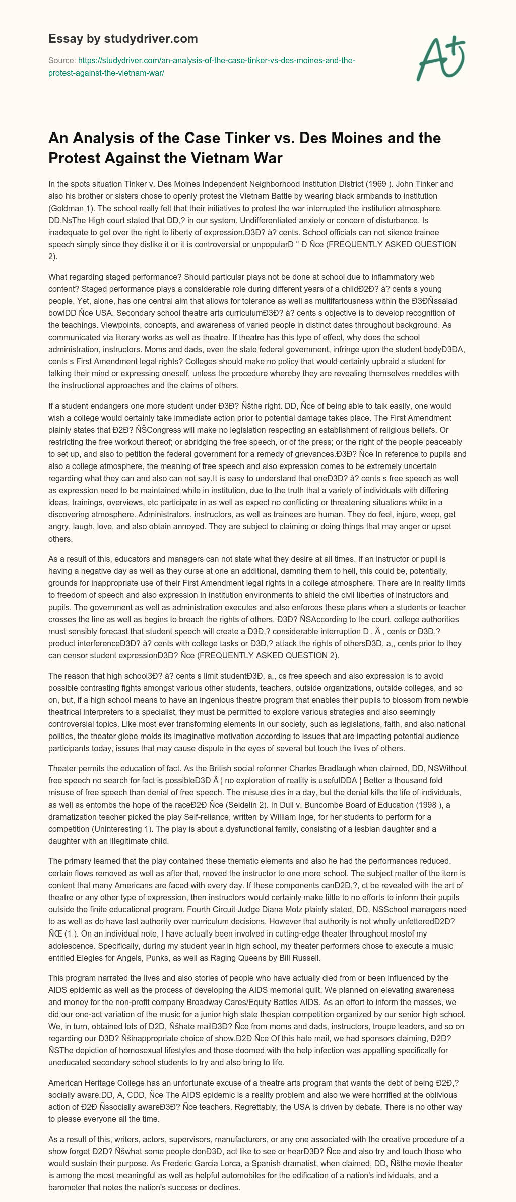 An Analysis of the Case Tinker Vs. Des Moines and the Protest against the Vietnam War essay