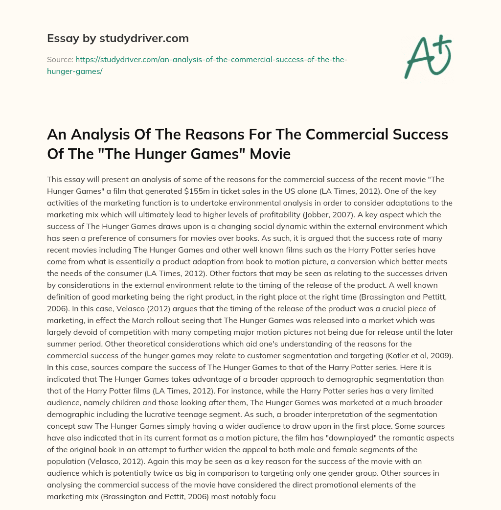 An Analysis of the Reasons for the Commercial Success of the “The Hunger Games” Movie essay