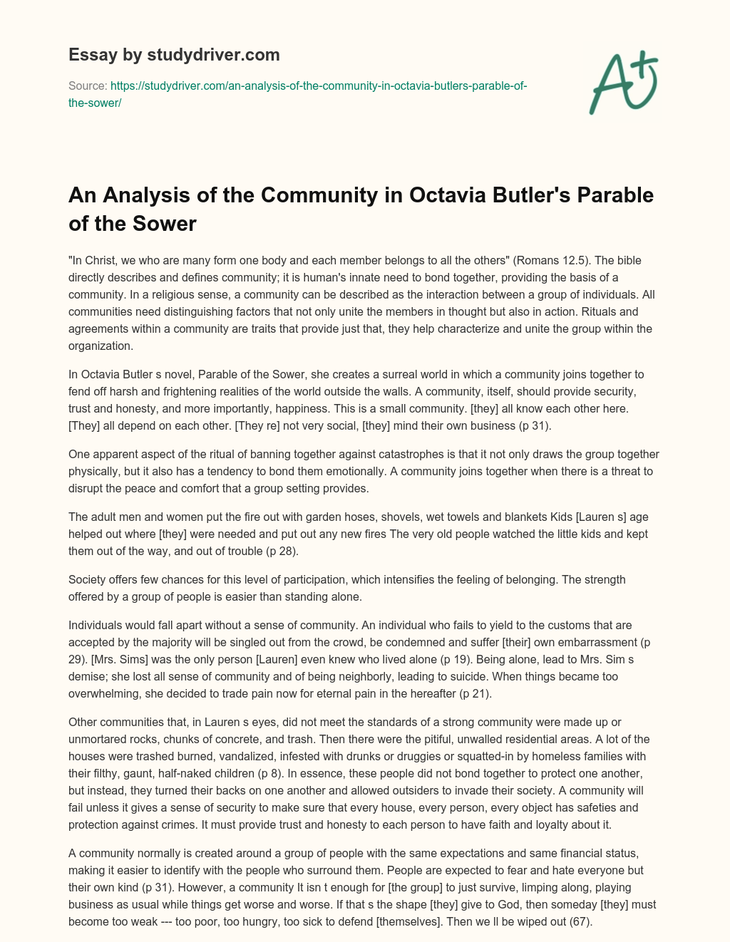 An Analysis of the Community in Octavia Butler’s Parable of the Sower essay