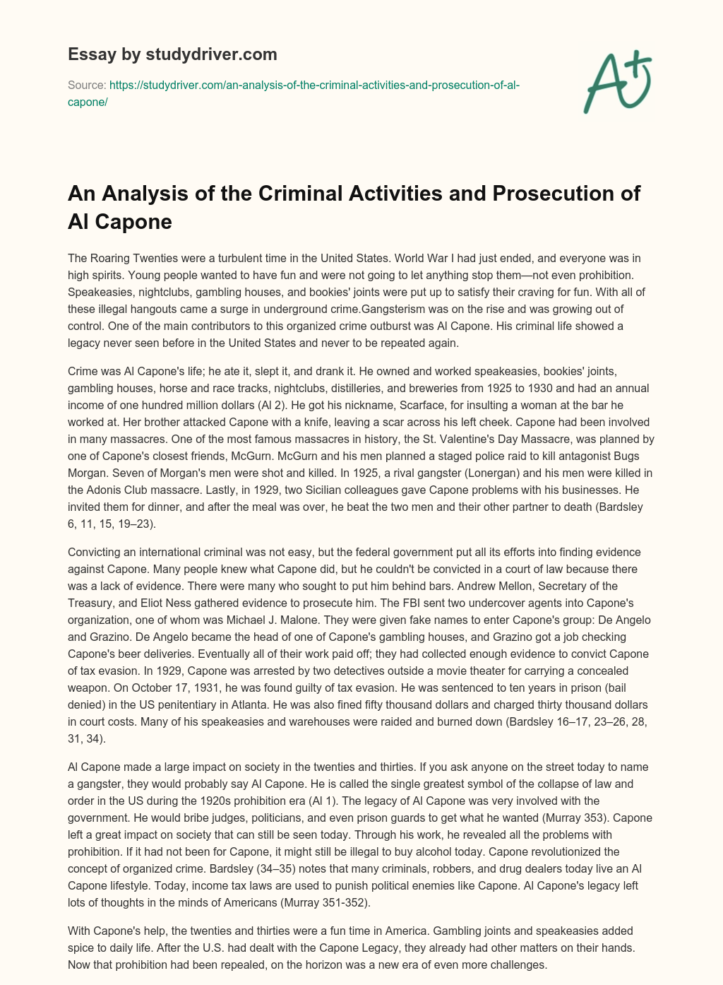An Analysis of the Criminal Activities and Prosecution of Al Capone essay
