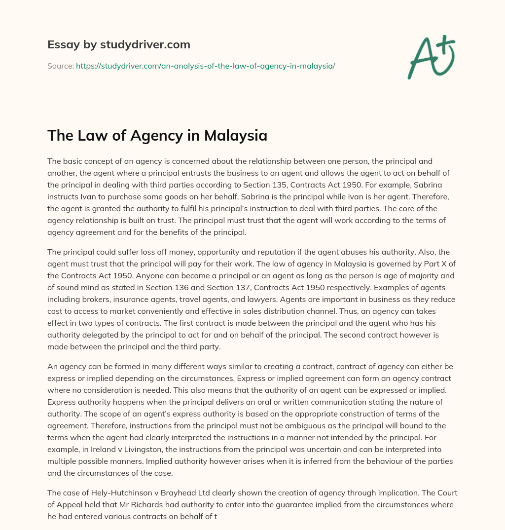 The Law of Agency in Malaysia essay