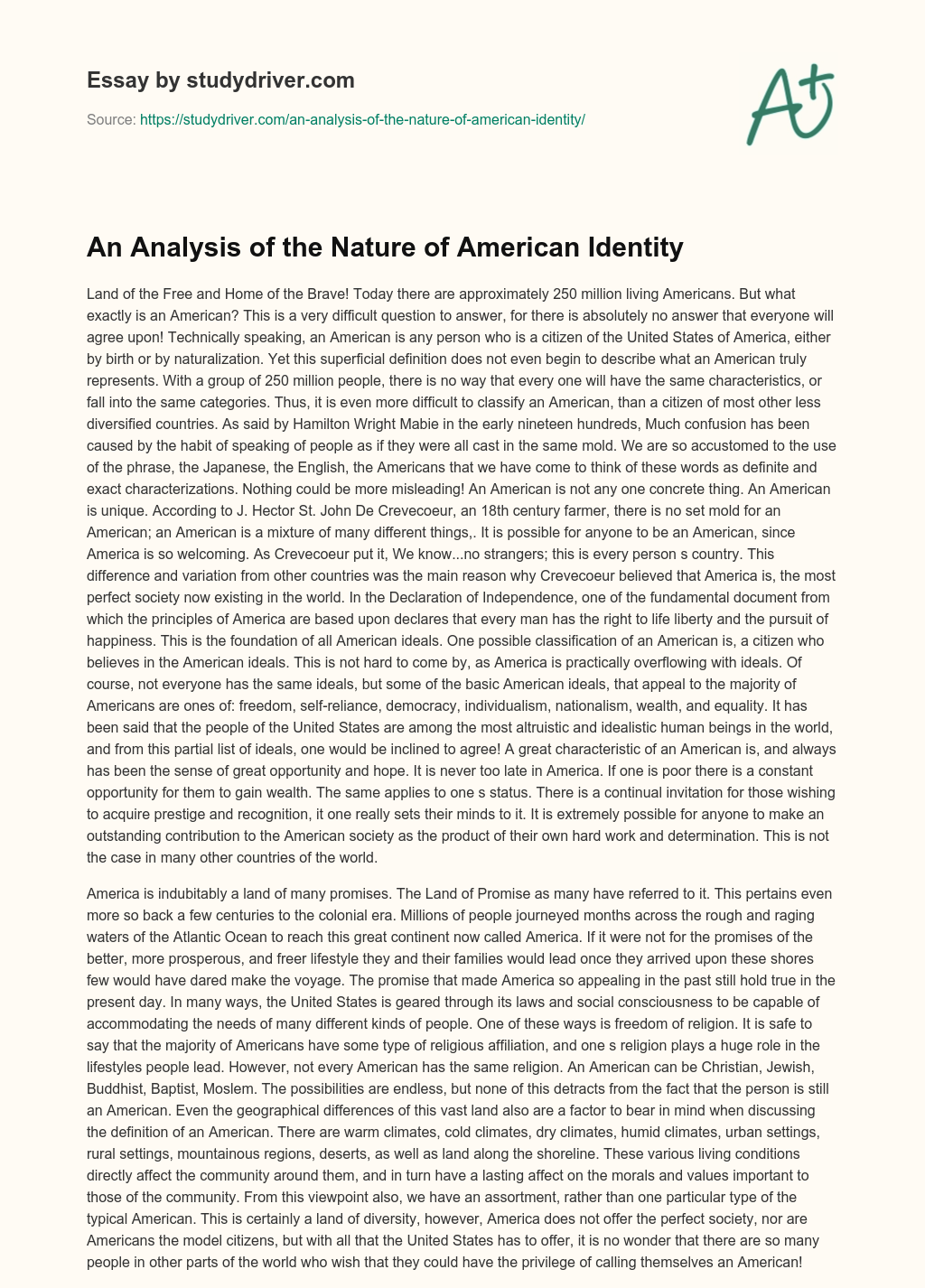 An Analysis of the Nature of American Identity essay