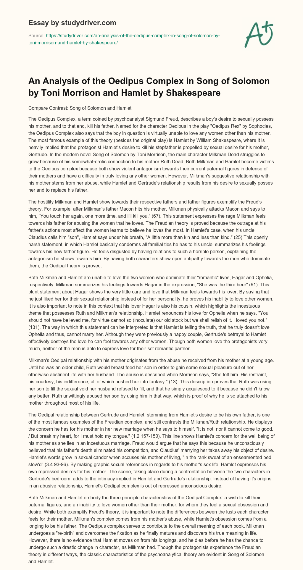 An Analysis of the Oedipus Complex in Song of Solomon by Toni Morrison and Hamlet by Shakespeare essay